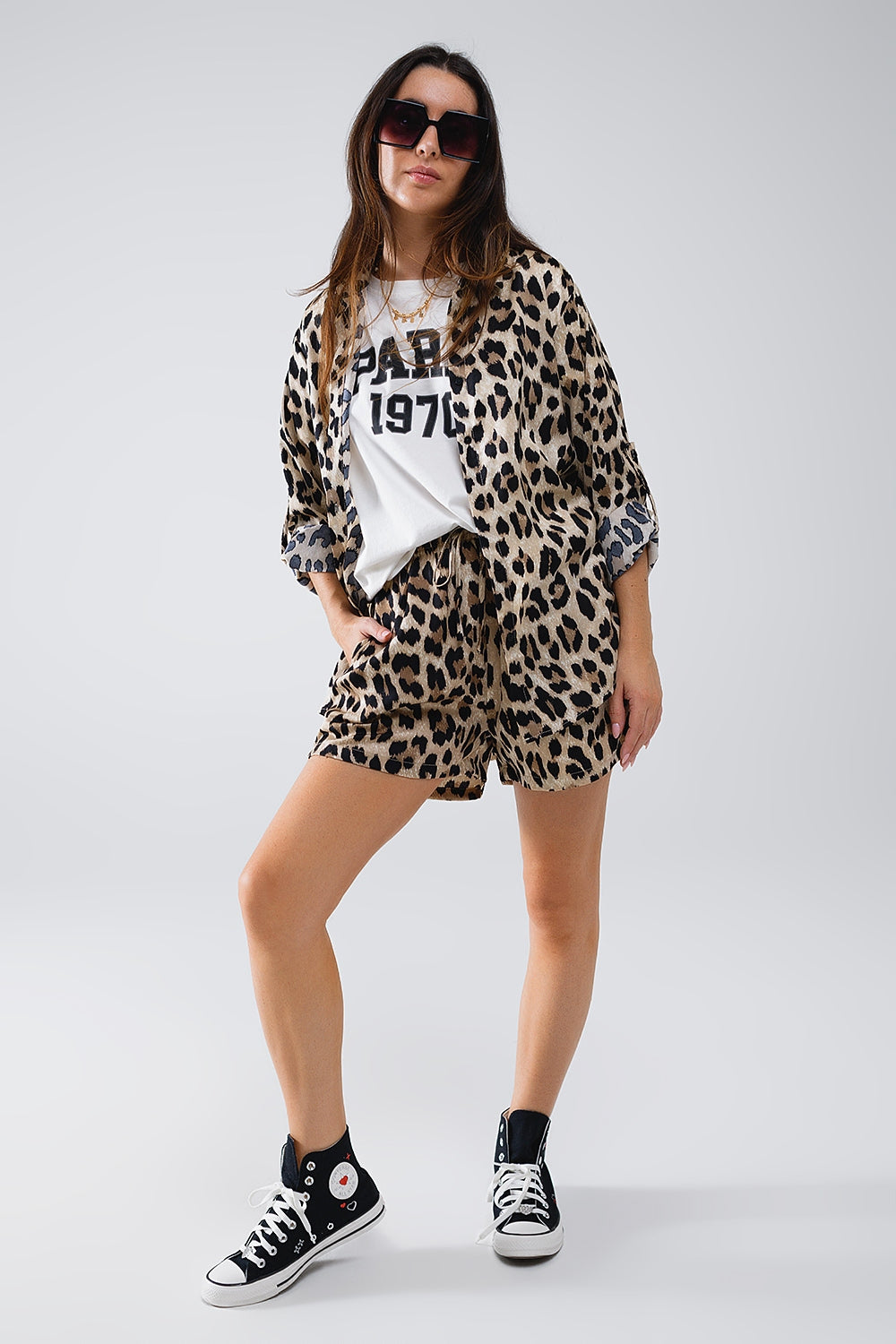Satin Leopard Print Shorts With Pockets - Trousers