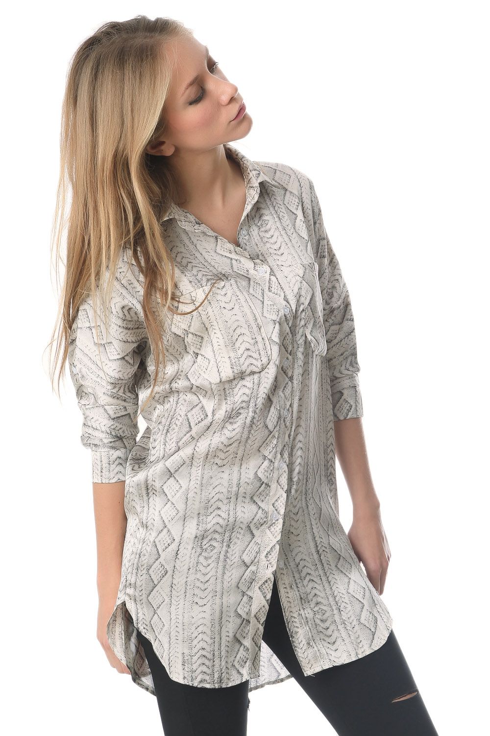 Satin longline shirt in grey abstract print - Shirts
