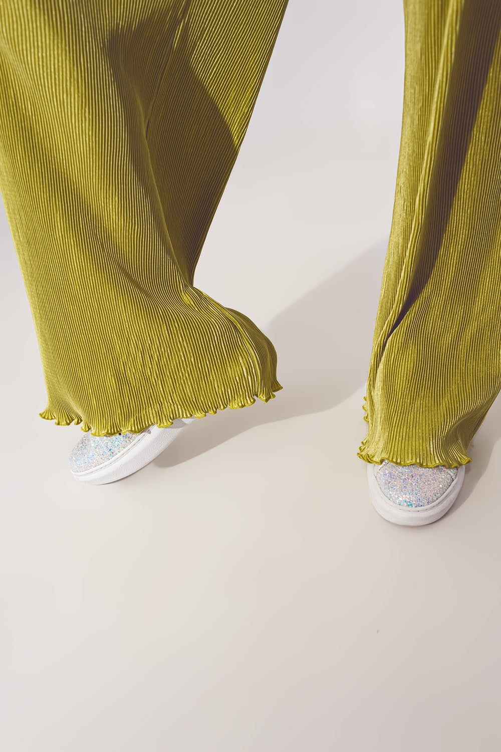 Satin Pleated Wide Leg Pants in Green - Trousers