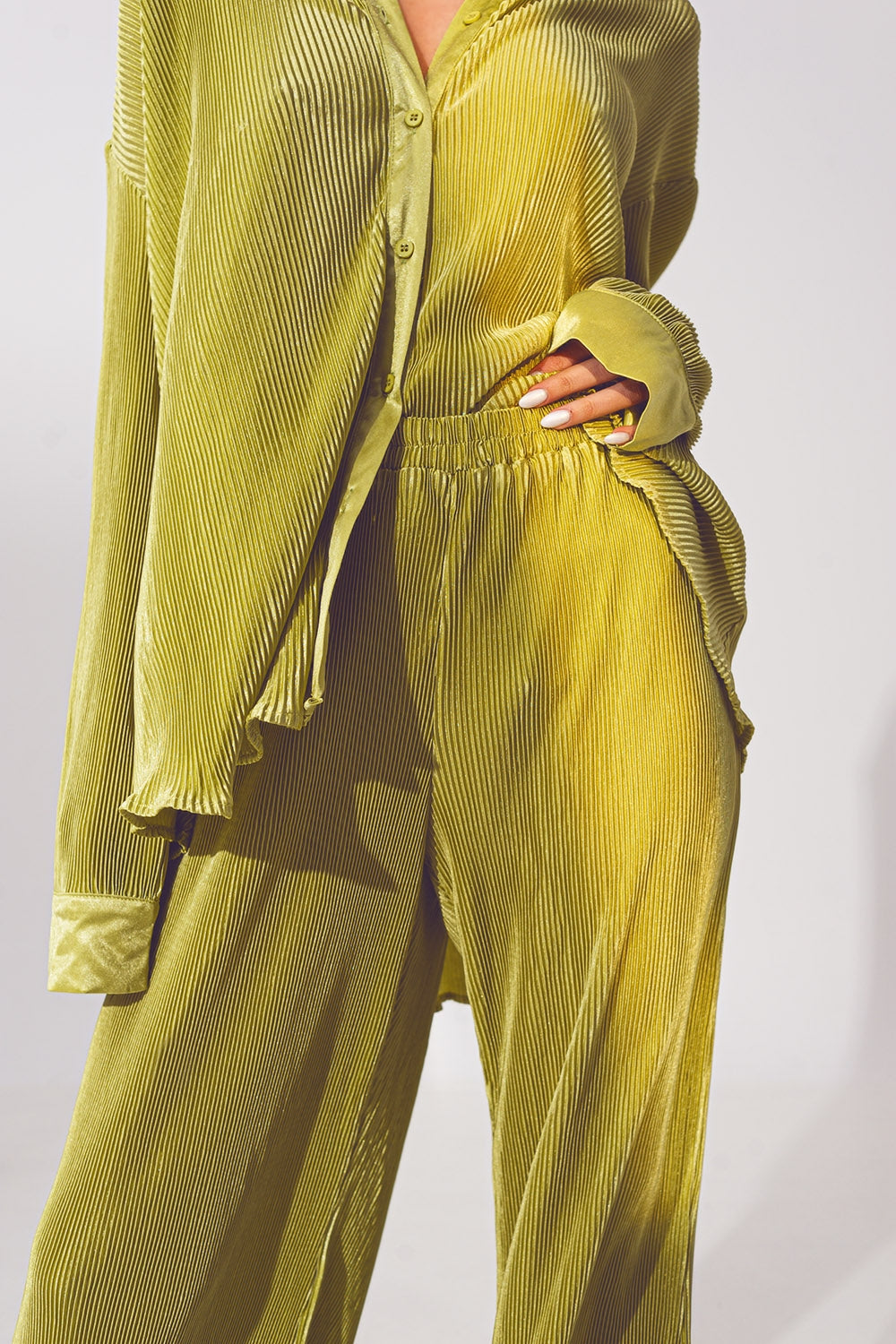 Satin Pleated Wide Leg Pants in Green - Trousers