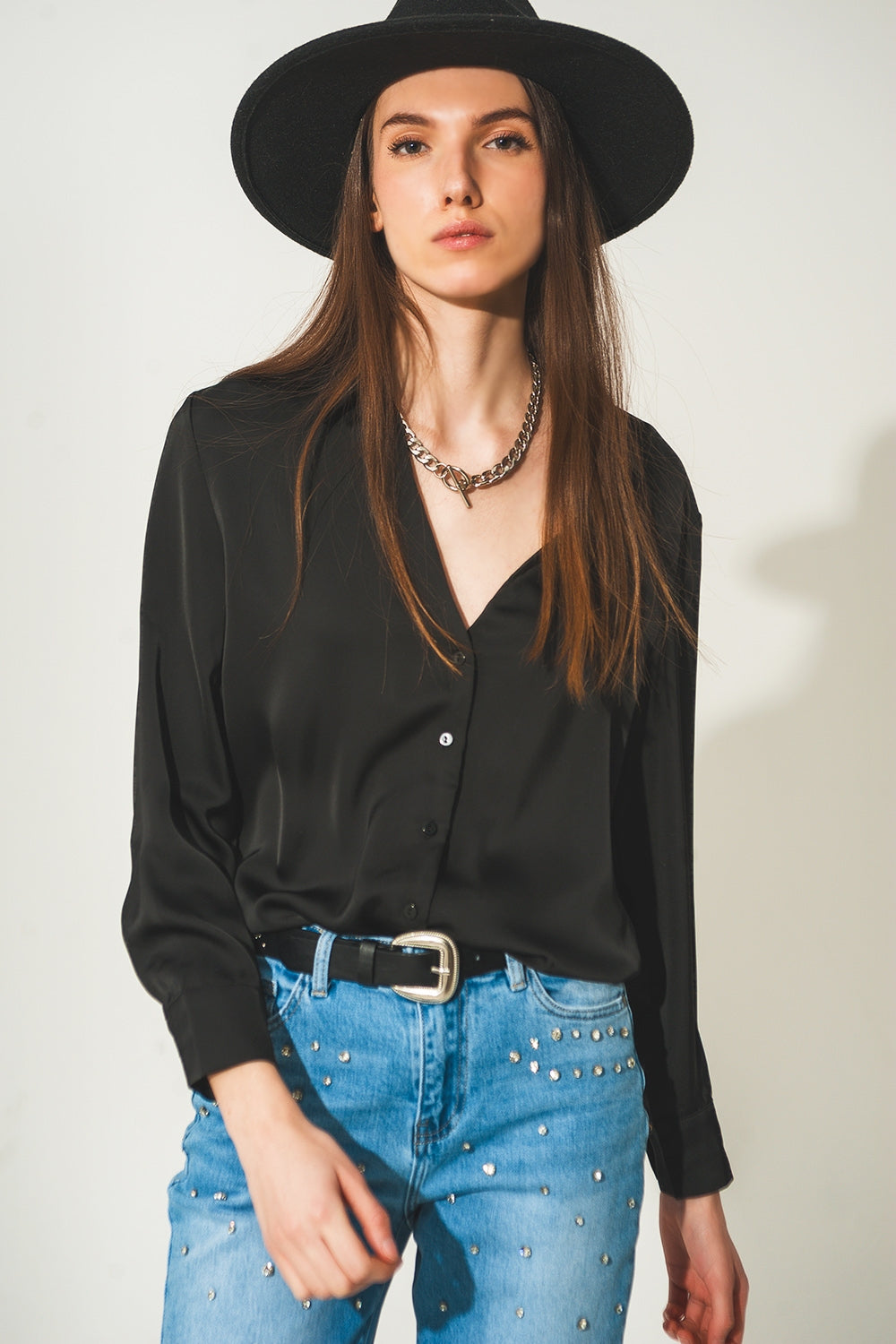 Satin shirt with v neck in black - Shirts