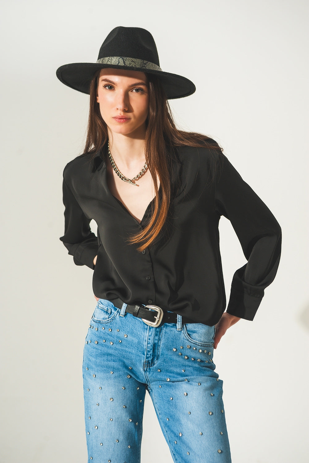 Satin shirt with v neck in black - Shirts