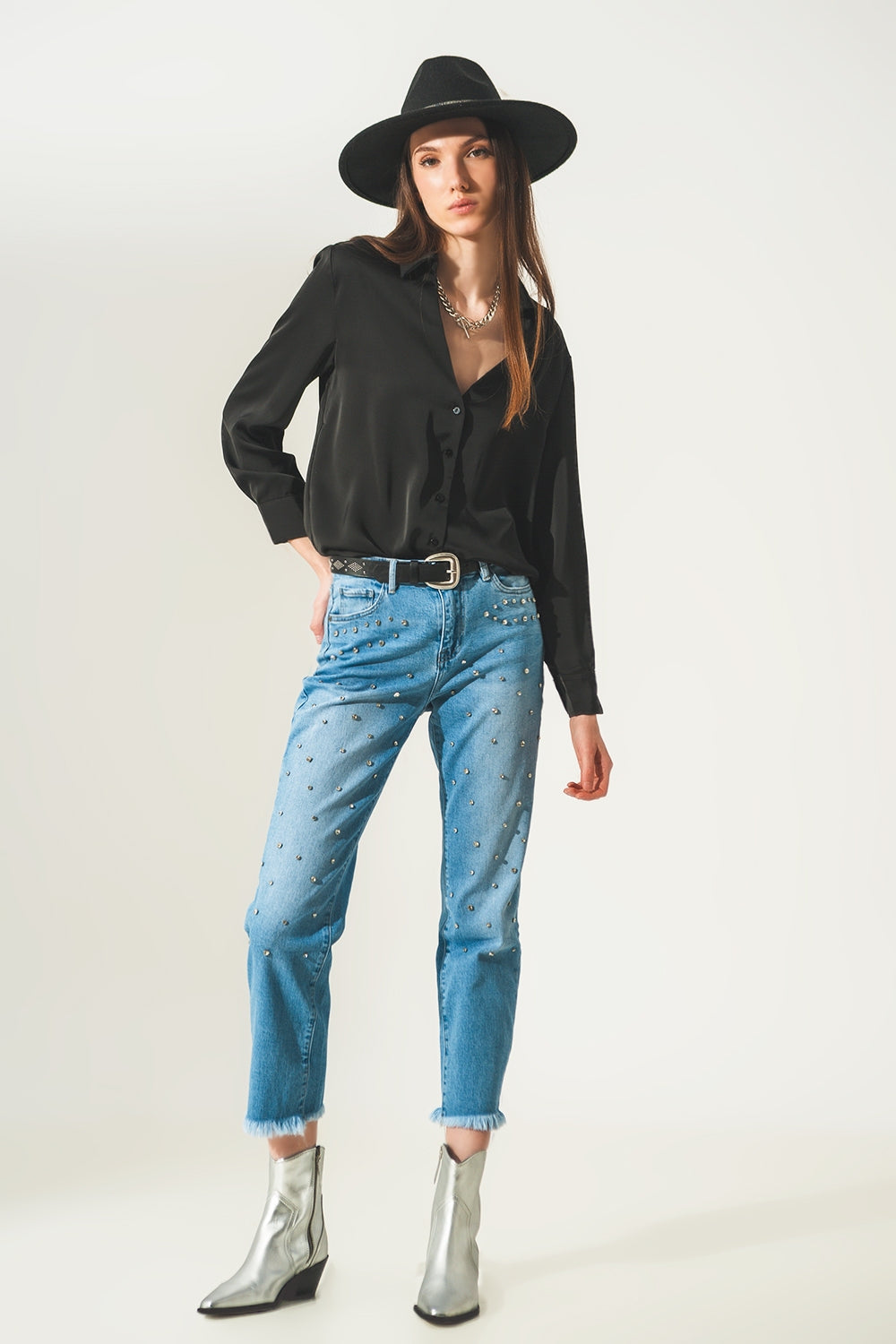 Satin shirt with v neck in black - Shirts