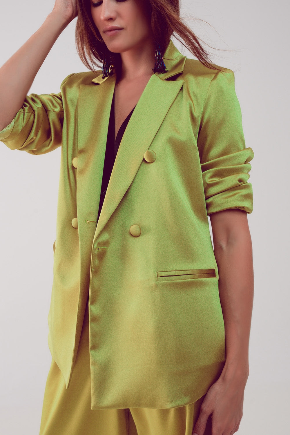 Satin tailored double breast blazer in lime Q2 Coats and Jackets BoutiqueLua