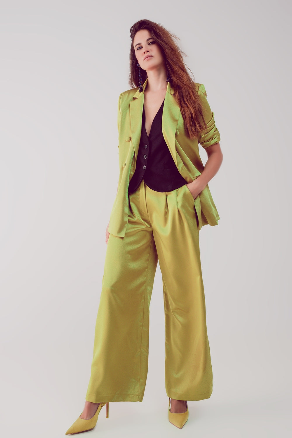 Satin tailored double breast blazer in lime Q2 Coats and Jackets BoutiqueLua