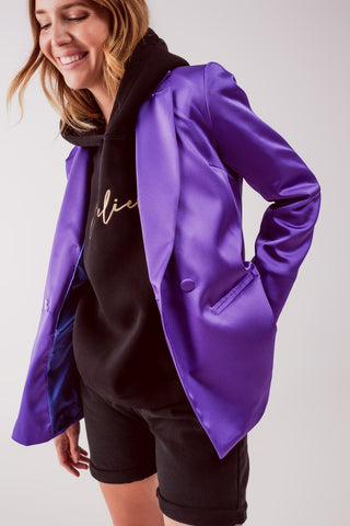 Satin tailored double breast blazer in purple