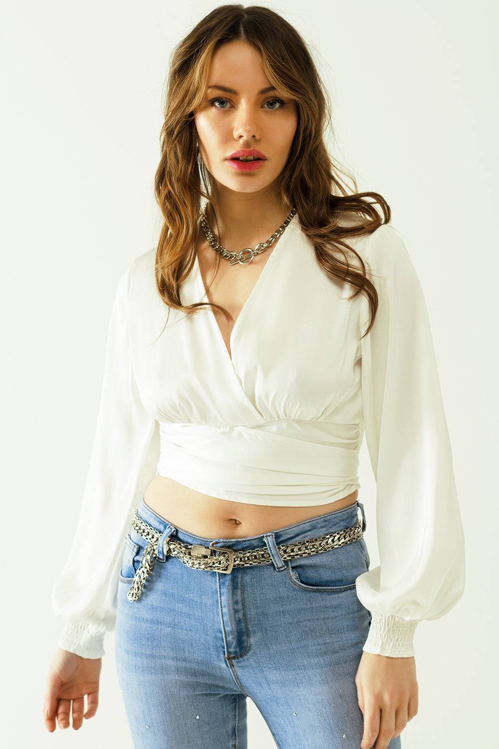 satin wrap crop top fitted at the waist in white Q2 Tops BoutiqueLua