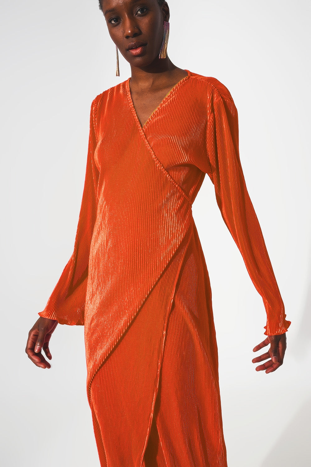 Satin wrap deatil pleated dress in orange Q2 Dresses BoutiqueLua
