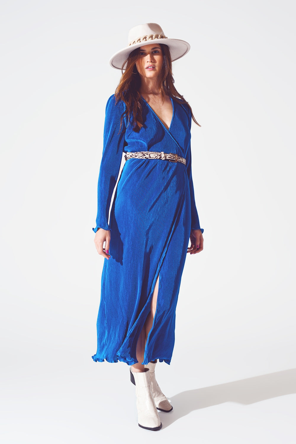 Satin Wrap Detail Pleated Dress in Blue Q2 Dresses BoutiqueLua