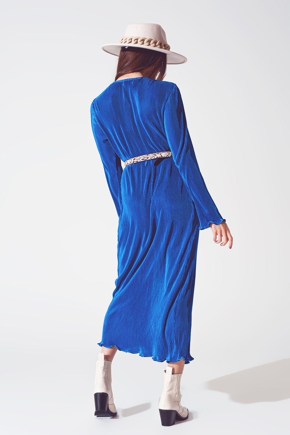Satin Wrap Detail Pleated Dress in Blue Q2 Dresses BoutiqueLua