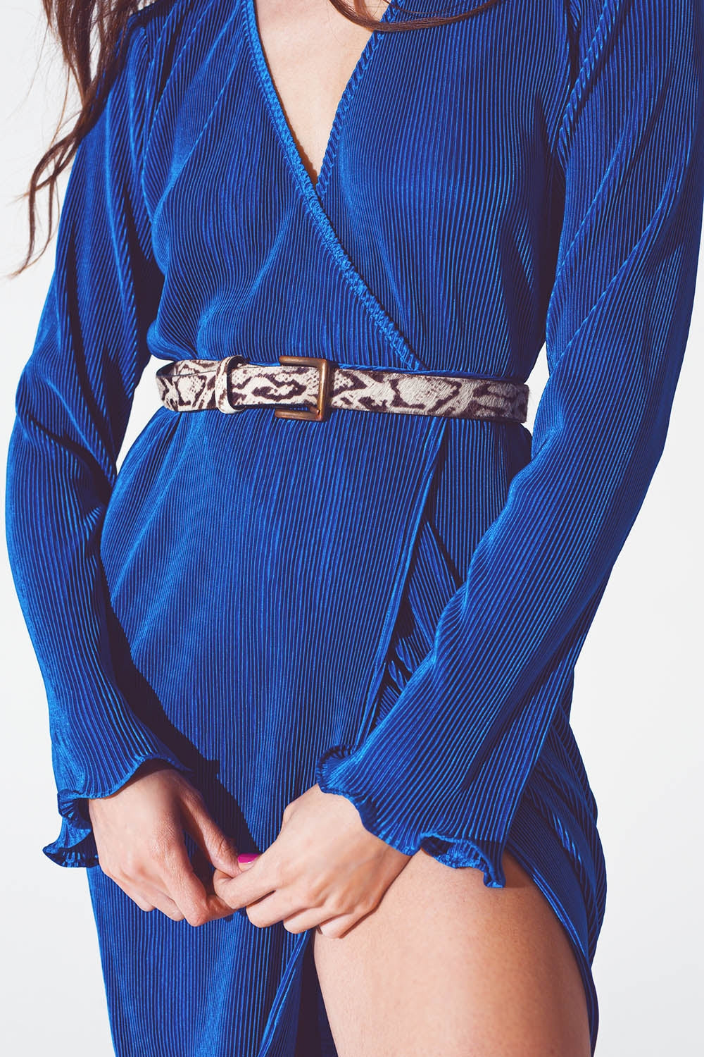 Satin Wrap Detail Pleated Dress in Blue Q2 Dresses BoutiqueLua