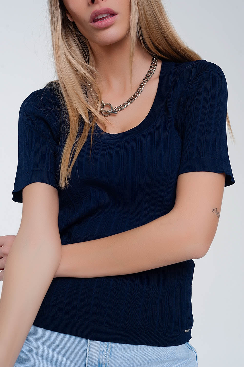 Scoop neck jumper with short sleeve in navy - Sweaters