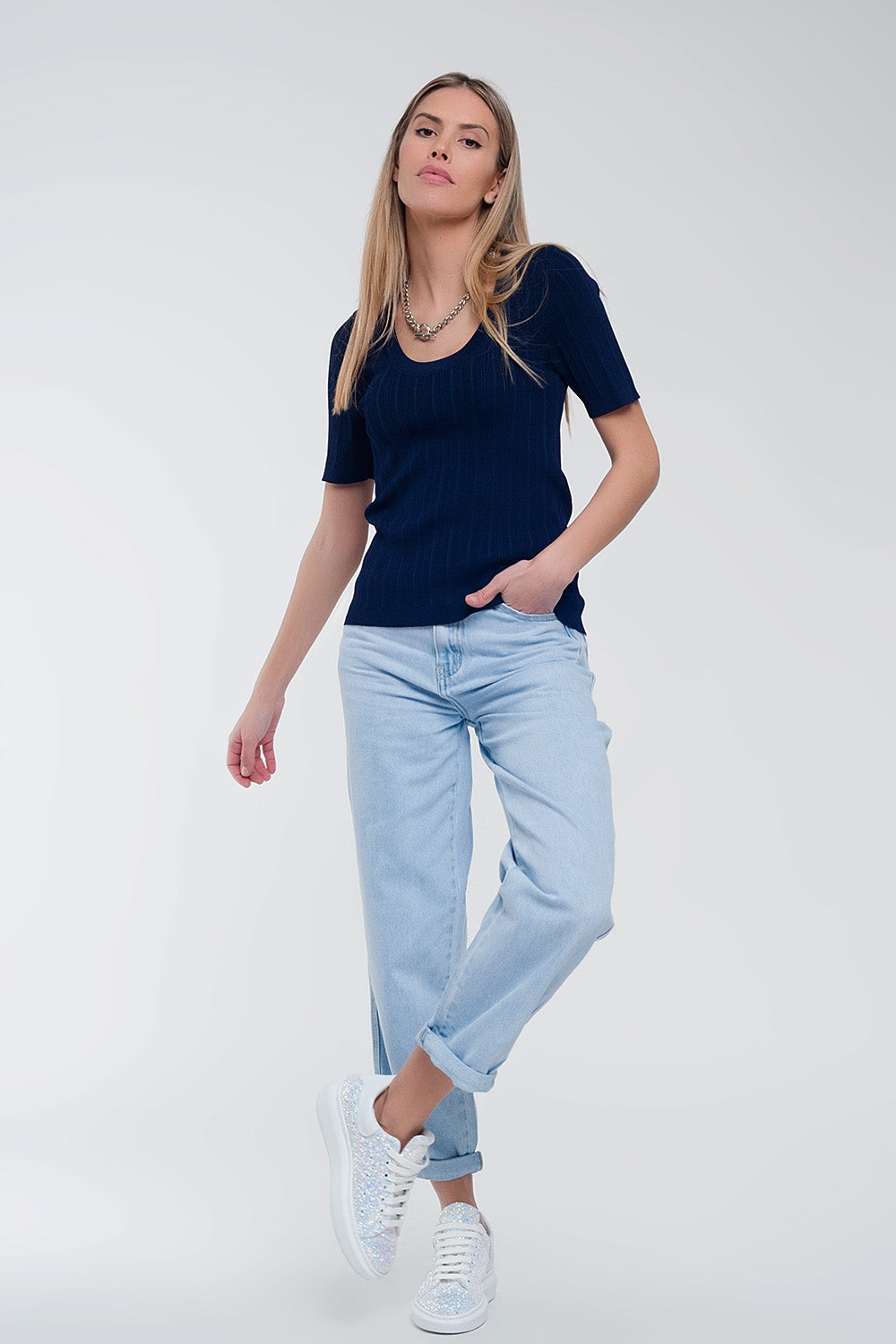 Scoop neck jumper with short sleeve in navy - Sweaters