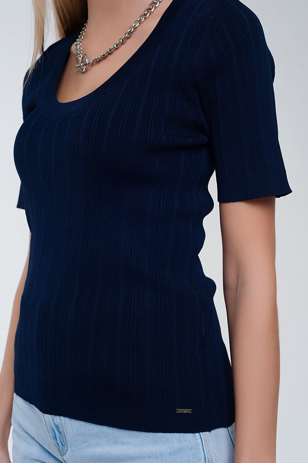 Scoop neck jumper with short sleeve in navy - Sweaters