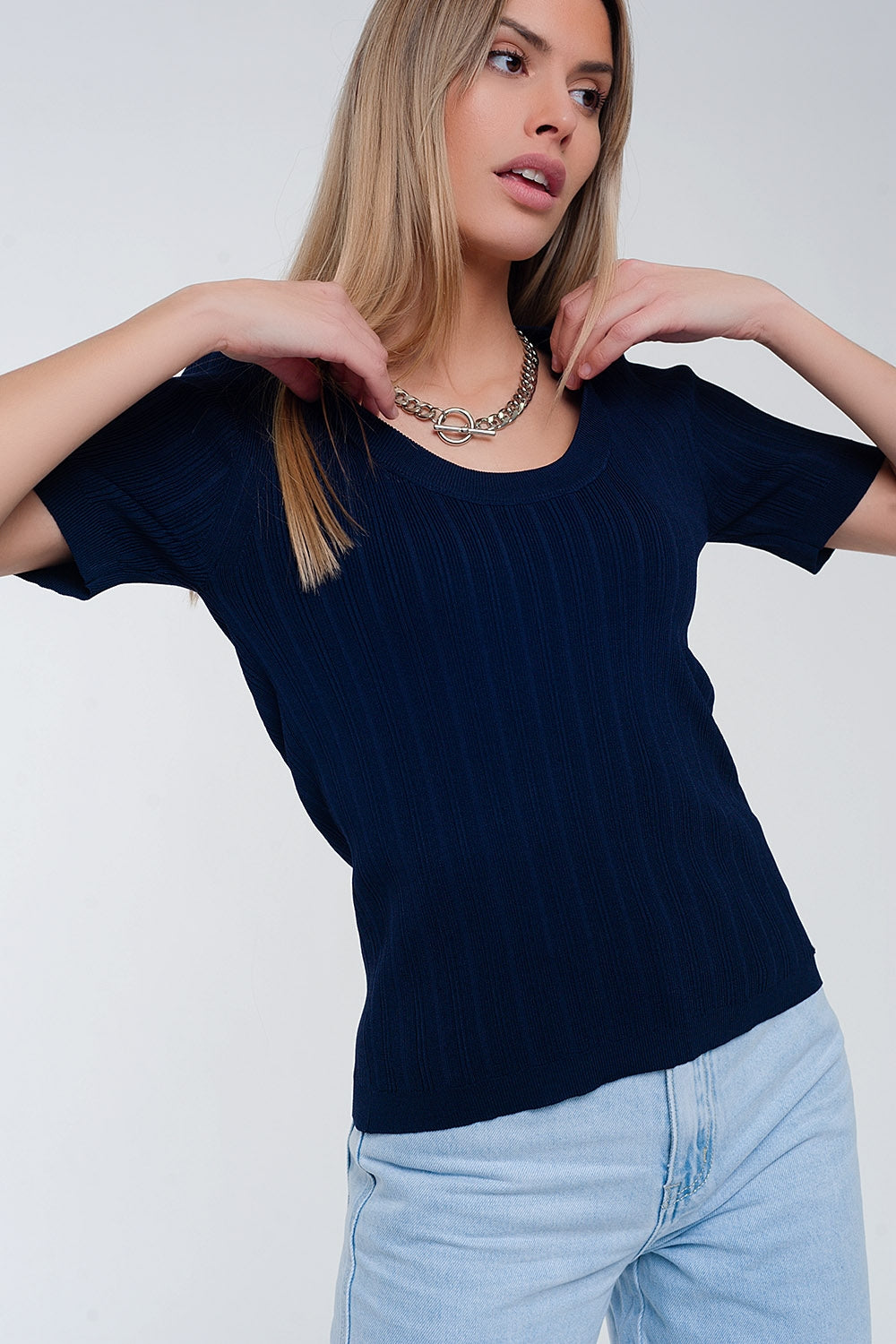 Scoop neck jumper with short sleeve in navy - Sweaters