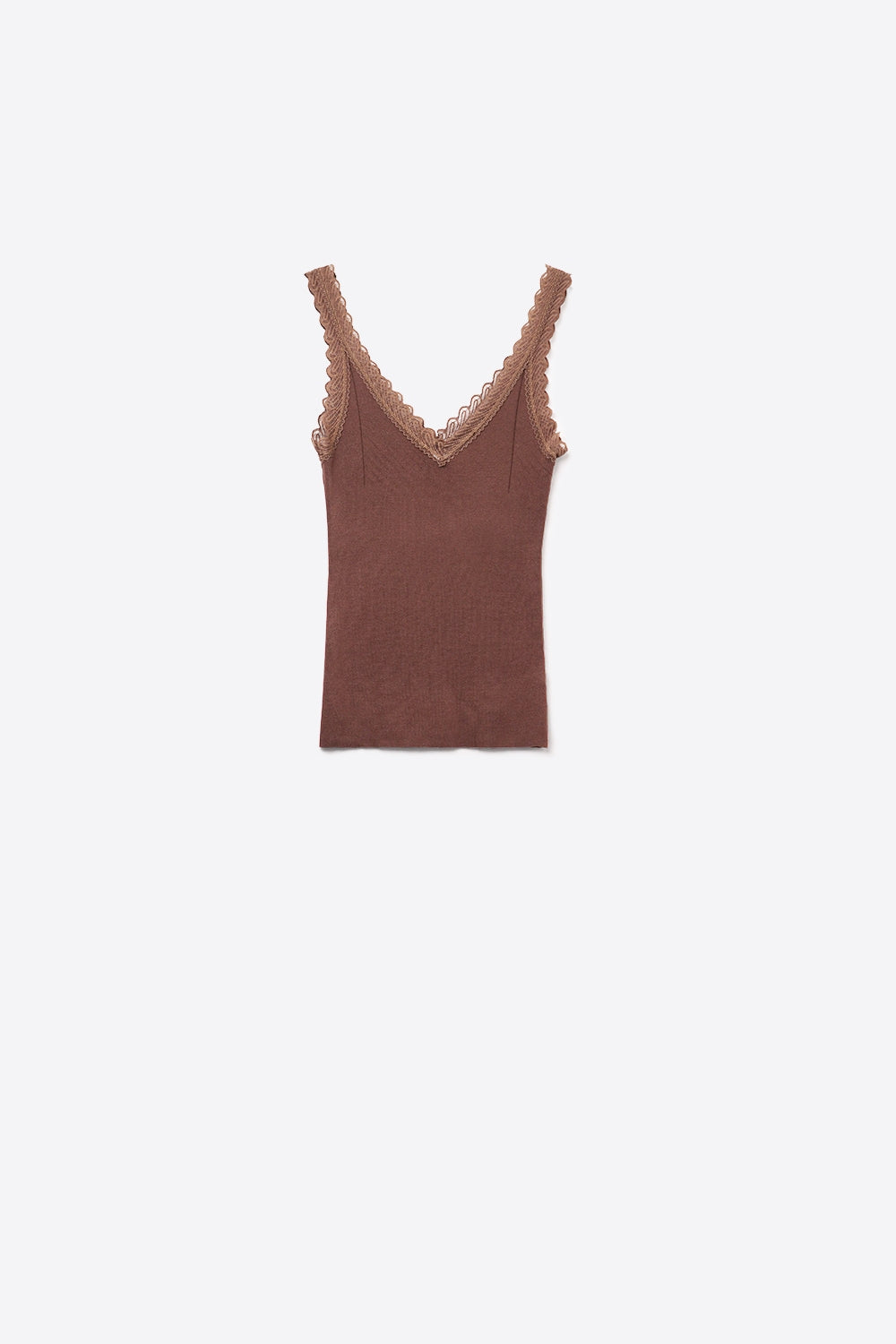 Scoop Neck Lace knitted Trim Tank Top in Chocolate Brown - Tops