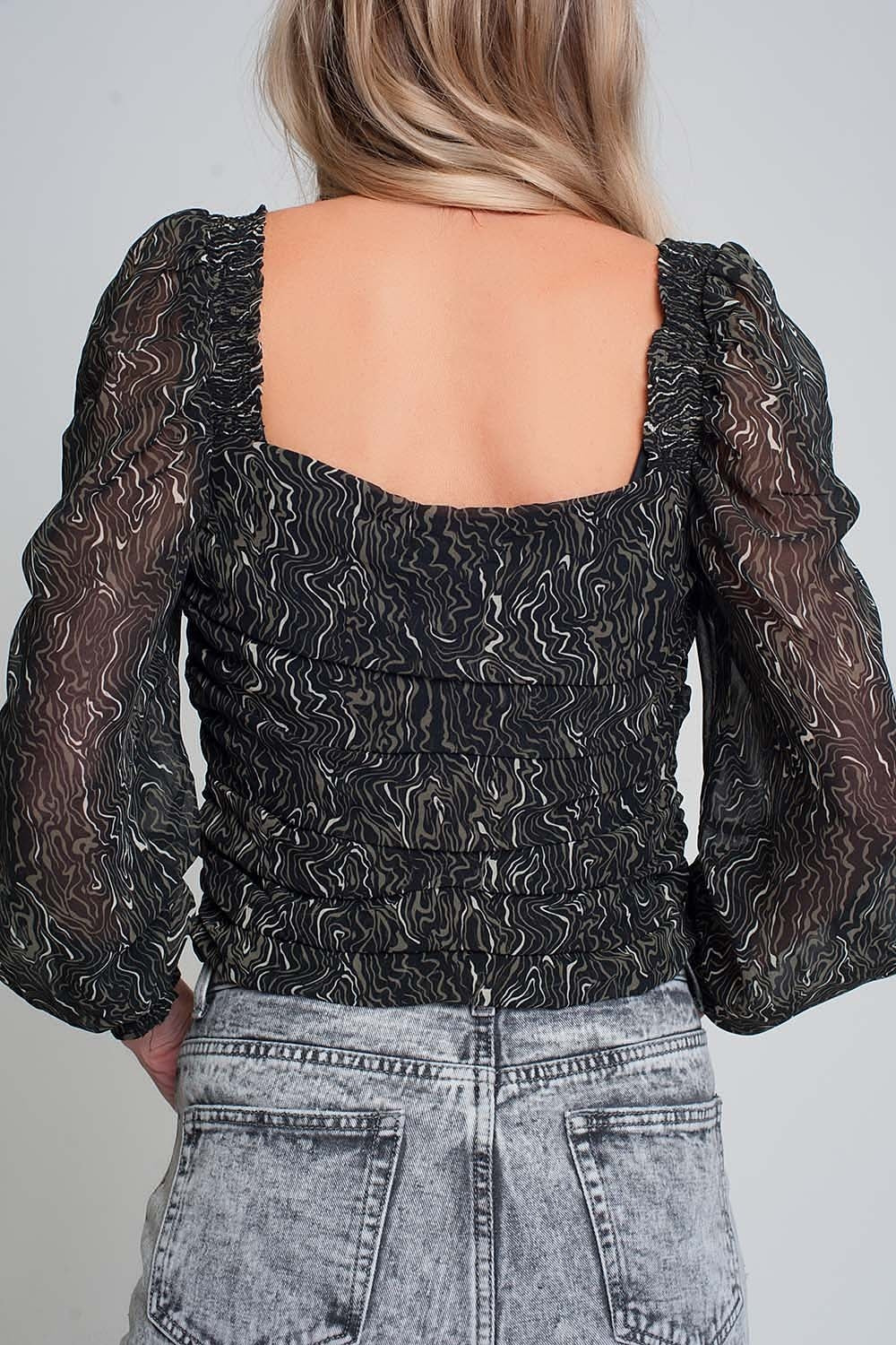 See-through top with long sleeves geo print in black color with elastic cuffs - Tops