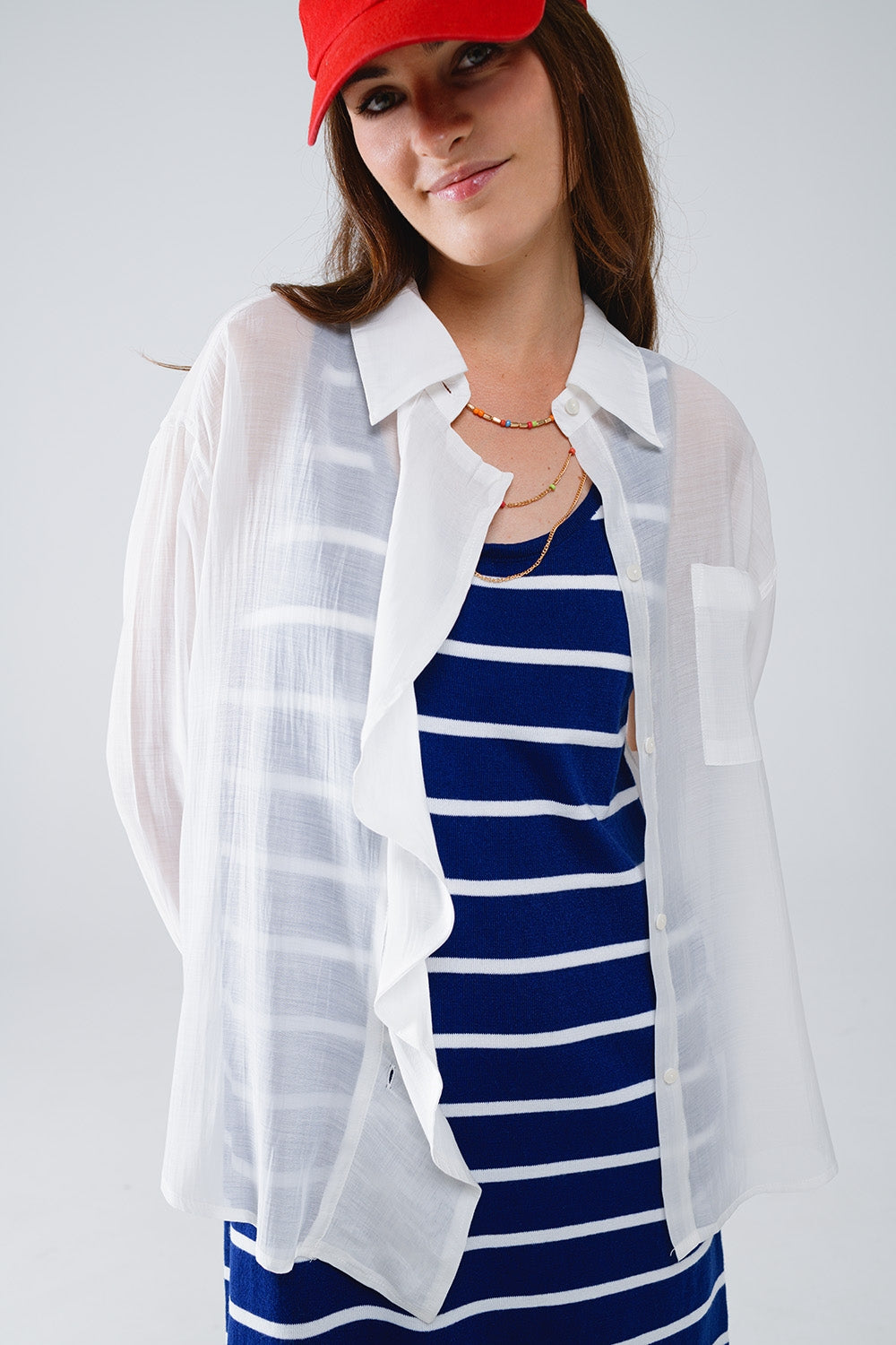 Semi Sheer White Blouse With Ruffle Detail Down The Front - Blouses