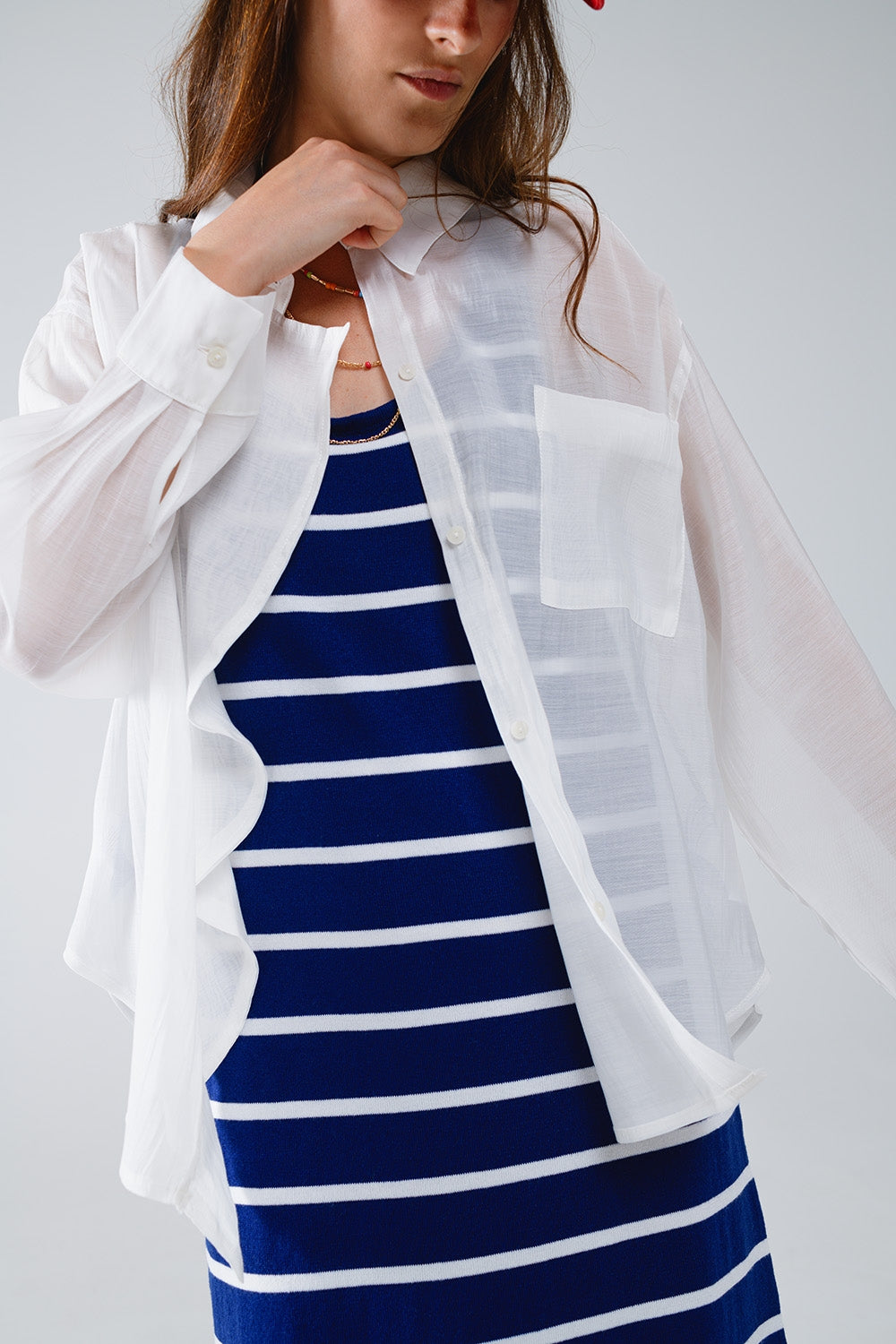 Semi Sheer White Blouse With Ruffle Detail Down The Front - Blouses
