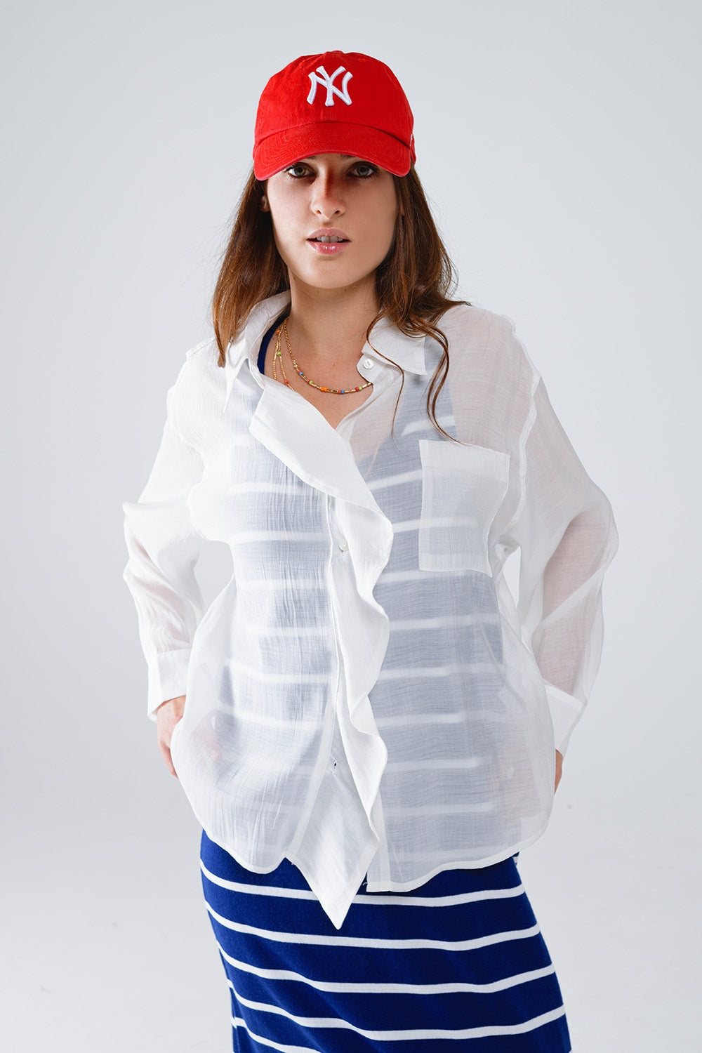 Semi Sheer White Blouse With Ruffle Detail Down The Front - Blouses