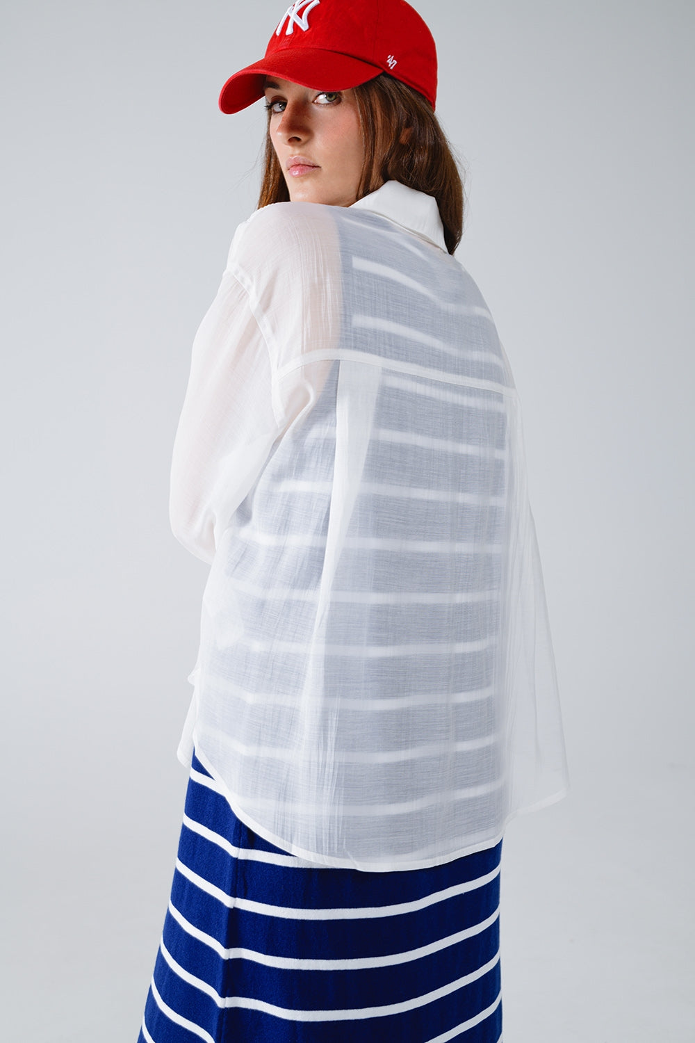 Semi Sheer White Blouse With Ruffle Detail Down The Front - Blouses