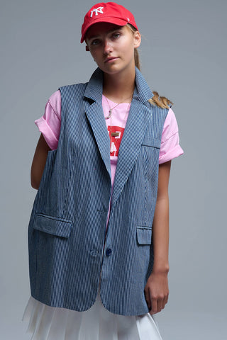 Shawl Collar Long Striped Vest in Blue and White