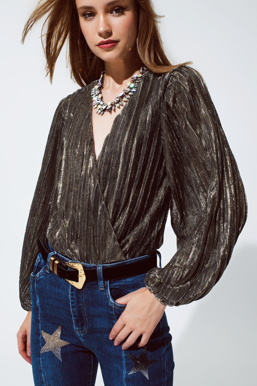 Shiny Glitter Body with Deep V Neck in gold Q2 Tops BoutiqueLua