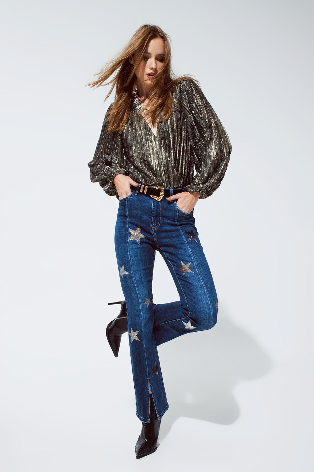Shiny Glitter Body with Deep V Neck in gold Q2 Tops BoutiqueLua