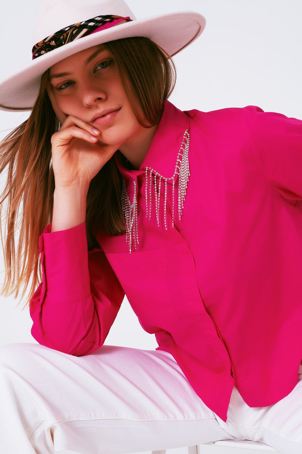 Shirt With Fringe strass Collar in Fuxia Q2 Shirts BoutiqueLua