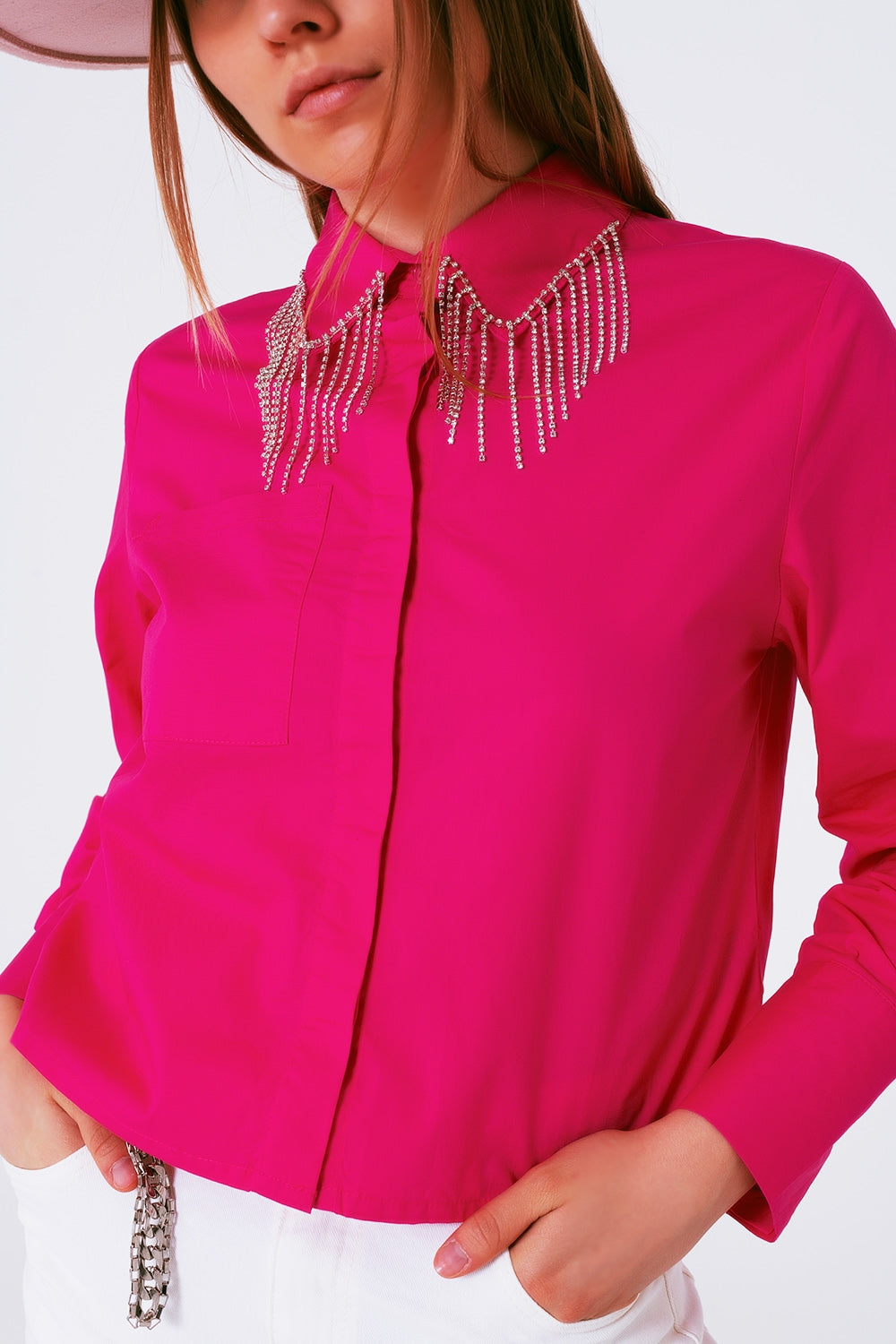 Shirt With Fringe strass Collar in Fuxia Q2 Shirts BoutiqueLua