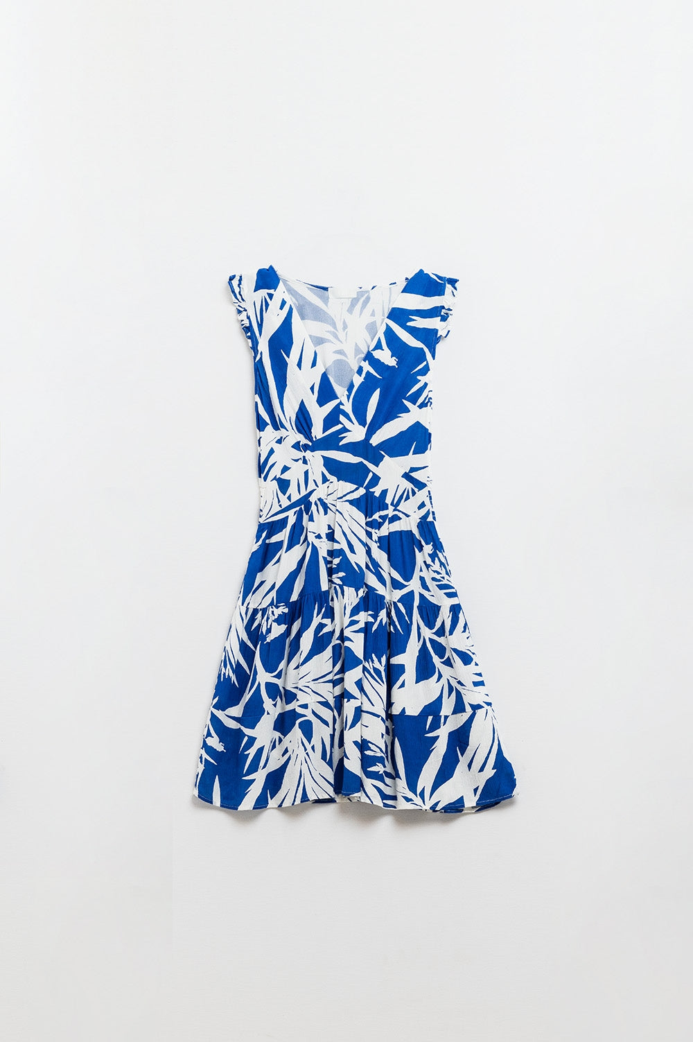 Short Blue Dress With Tropical Palm Print - Dresses