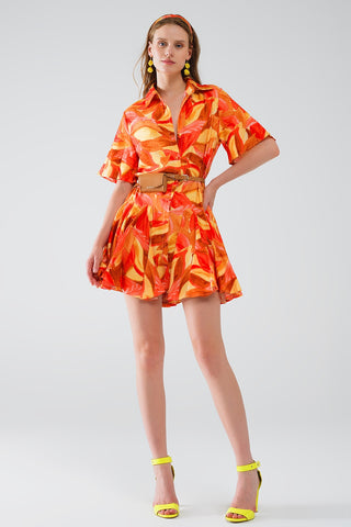 Vestido Curto com Estampa Abstrata em Marrom Vermelho e Marrom