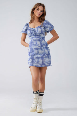 Short Dress With Puff Sleeves In Abstract Blue and White Print