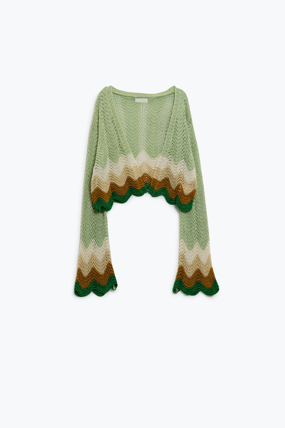 Short knitted cardigan with angel sleeves and wave multicolor detail in green - Cardigans