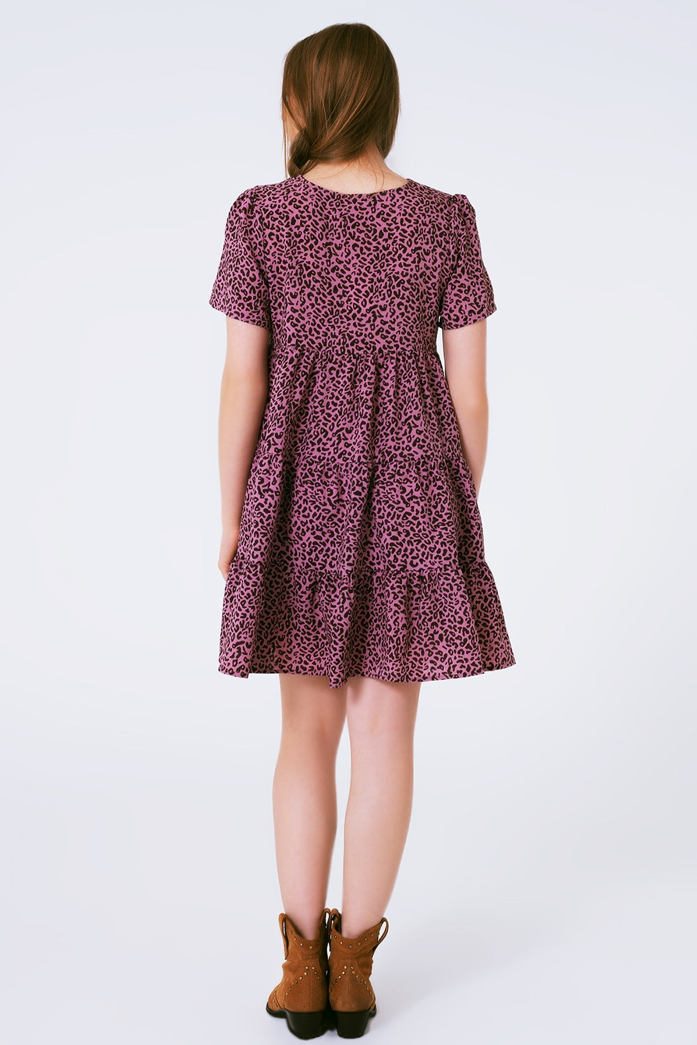 Short Sleeve Baby Doll Dress With Neck Detail in Purple Leopard Print Q2 Dresses BoutiqueLua