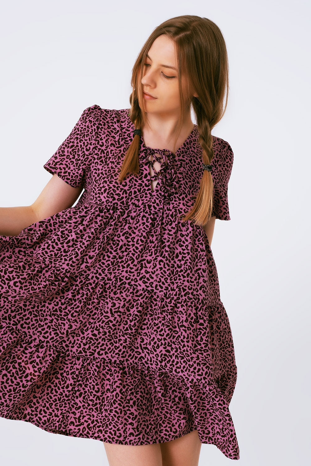Short Sleeve Baby Doll Dress With Neck Detail in Purple Leopard Print Q2 Dresses BoutiqueLua