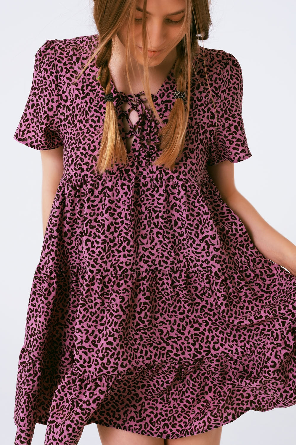 Short Sleeve Baby Doll Dress With Neck Detail in Purple Leopard Print Q2 Dresses BoutiqueLua