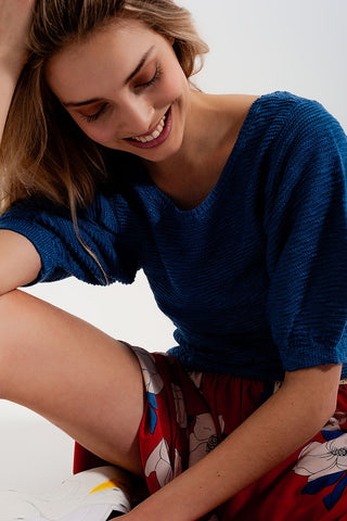 Blusa de malha manga curta azul