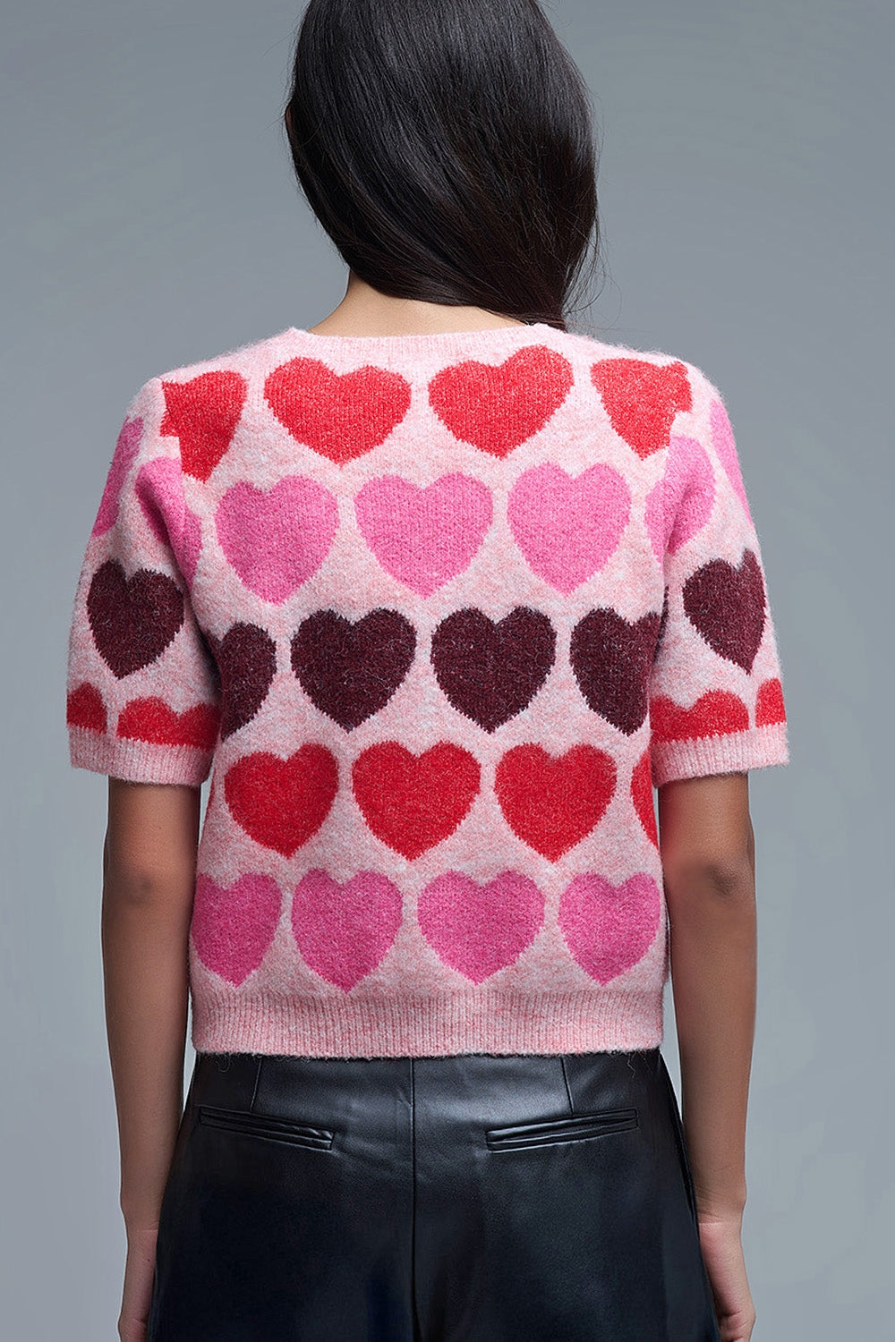 Short Sleeve Printed Heart Sweater in Pink - Sweaters