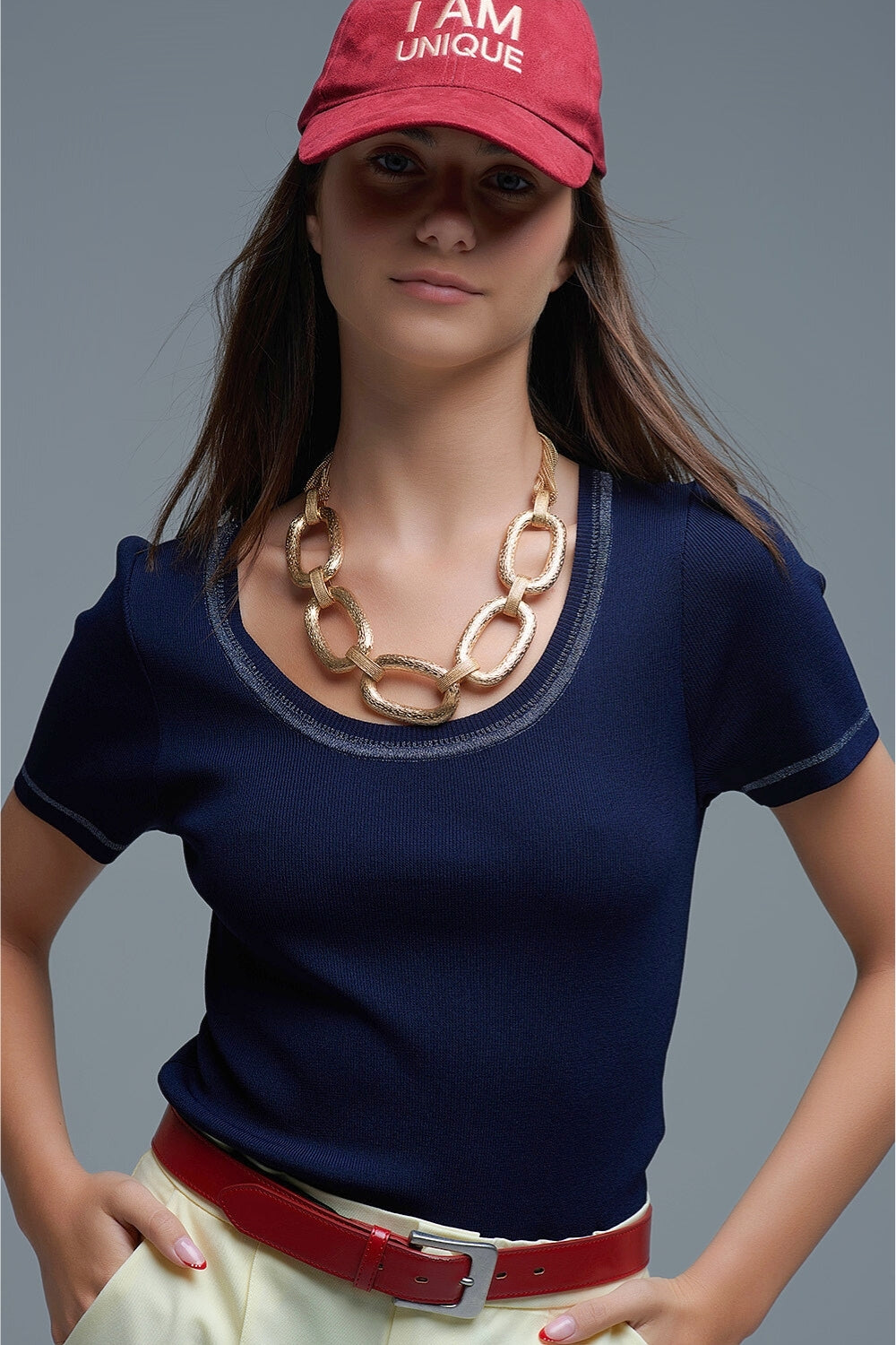 Short Sleeve sweater In navy With Silver Seam at Round Neck - Sweaters