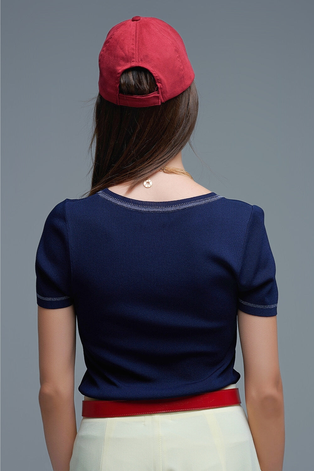 Short Sleeve sweater In navy With Silver Seam at Round Neck - Sweaters