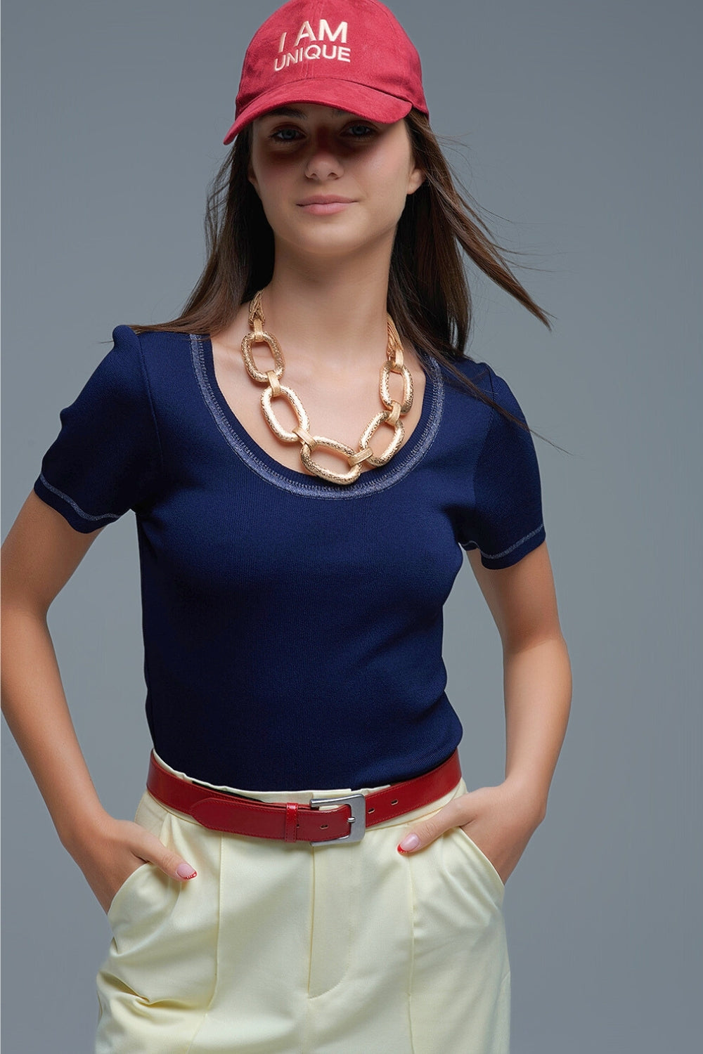 Short Sleeve sweater In navy With Silver Seam at Round Neck - Sweaters