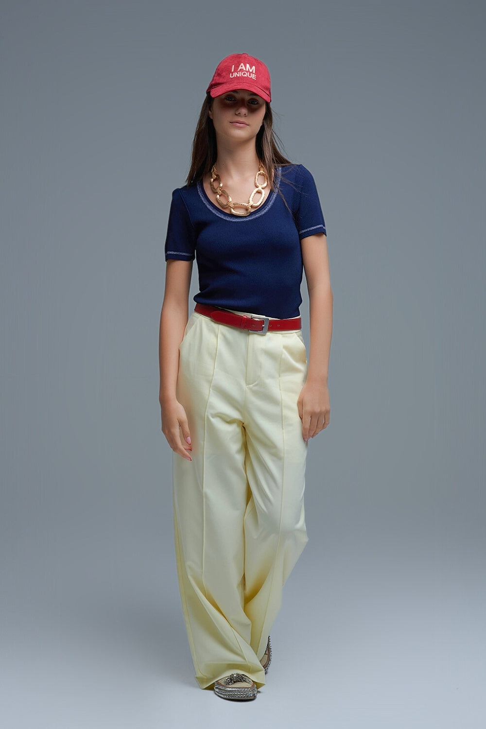 Short Sleeve sweater In navy With Silver Seam at Round Neck - Sweaters