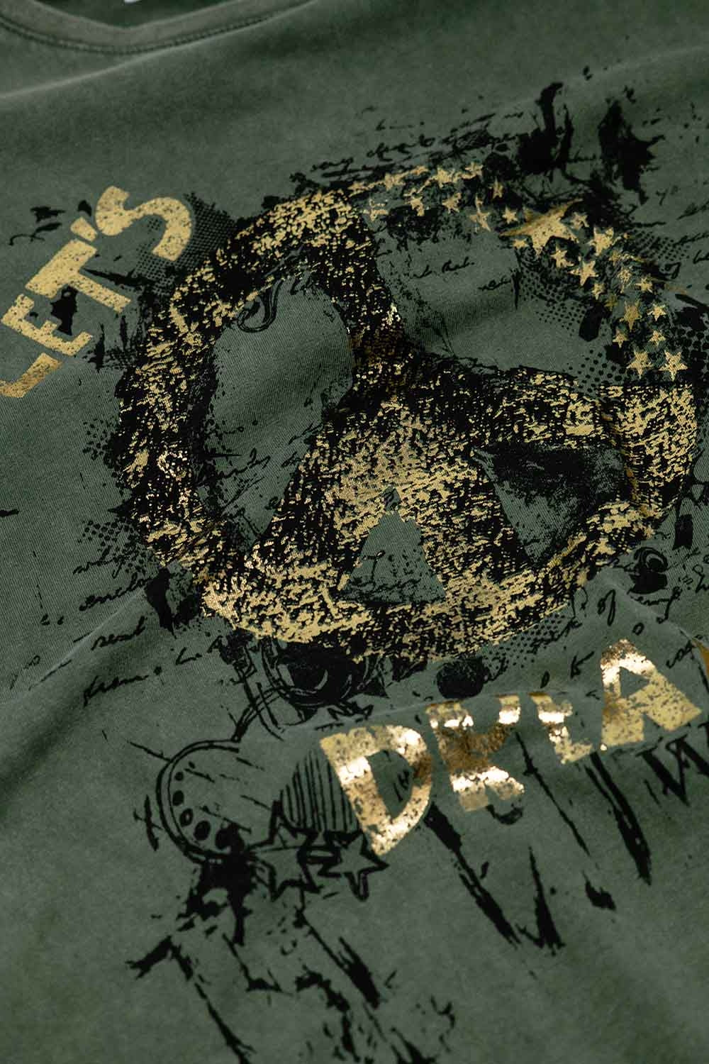 Short Sleeve T-shirt With Graphic Peace Sign Design At The Front In Khaki - T-Shirts