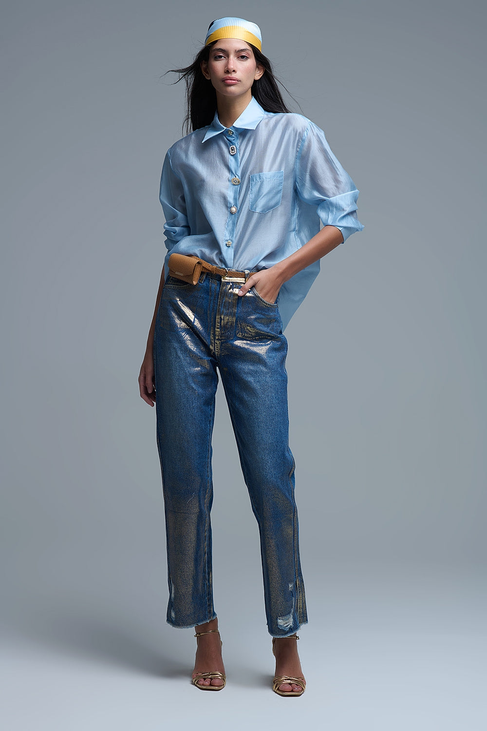 Silky Loose Shirt With Button Medley in Blue - Shirts