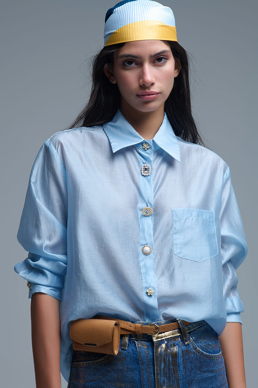 Silky Loose Shirt With Button Medley in Blue - Shirts