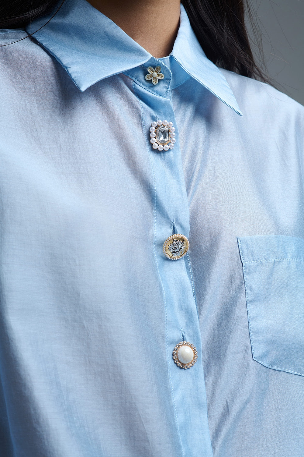 Silky Loose Shirt With Button Medley in Blue - Shirts