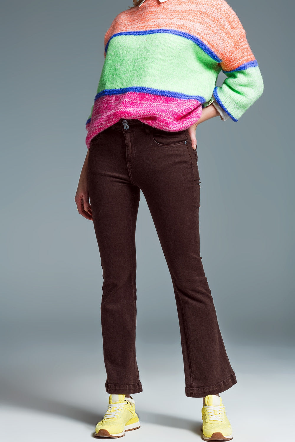 Skinny Flared Jeans With Double Button Detail in Brown - Jeans
