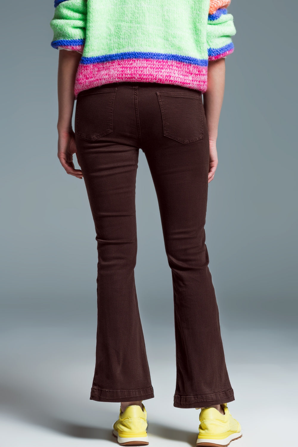 Skinny Flared Jeans With Double Button Detail in Brown - Jeans