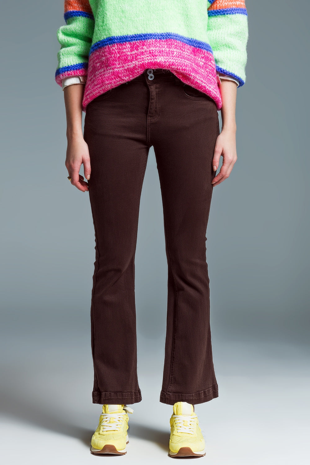 Skinny Flared Jeans With Double Button Detail in Brown - Jeans